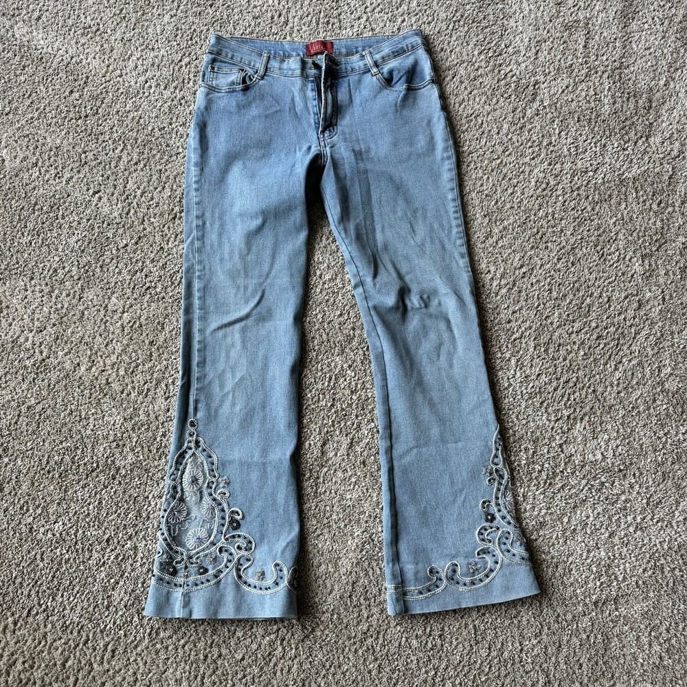 Vintage Azita Lace Embellished Sassy Retro Flare Denim Jeans Size 8 Wearable Art